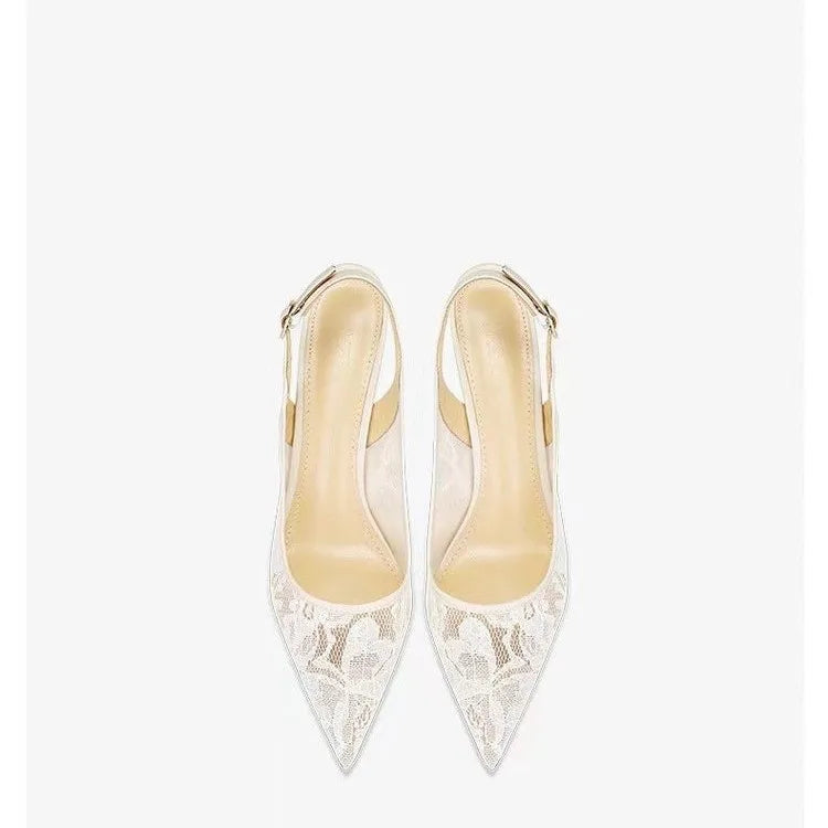 Brand Designer White Women Wedding Pumps Mesh Embroidered Flowers Back Strap Sexy Slingback High Heel Dress Shoes for Ladies