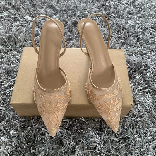 Luxury Brand High Heels Women Sandals Mesh Embroider Elegant Pointed  Evening Party Wedding Bridal Dress Shoes