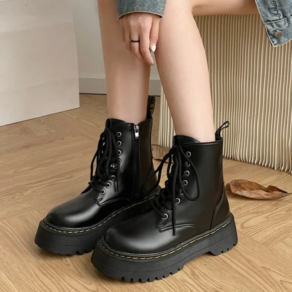 Women Boots Motorcycle Shoes Woman Leather Chelsea Ladie Classic Punk Female Goth Shoes High Platform Boots Women Botas Mujer