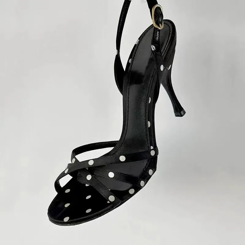 2025 new Polka dot black and white with a group of high heels with sandals women's high heels go out light sexy women's shoes