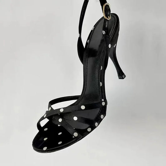 2025 new Polka dot black and white with a group of high heels with sandals women's high heels go out light sexy women's shoes