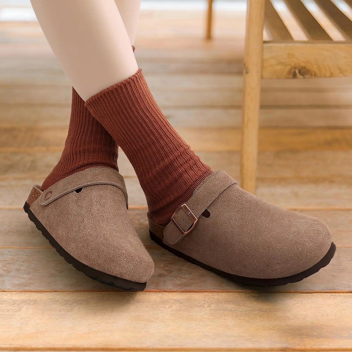 Crestar Women's Suede Clogs with Adjustable Strap Fashion Cork Footbed Genuine Leather Mules Outdoof New Slip on Potato Shoes