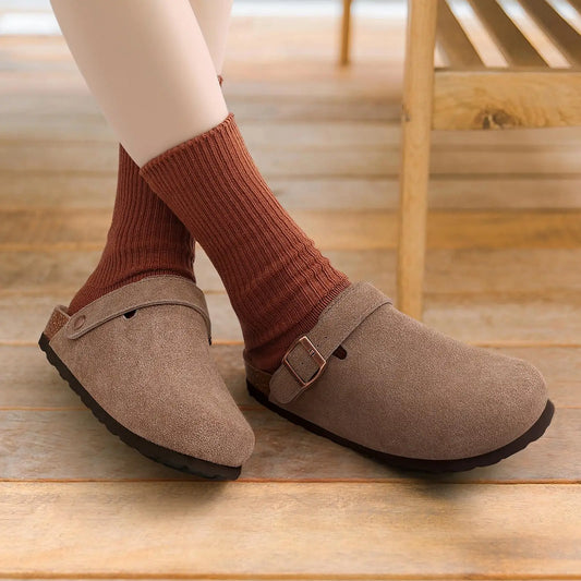 Crestar Women's Suede Clogs with Adjustable Strap Fashion Cork Footbed Genuine Leather Mules Outdoof New Slip on Potato Shoes