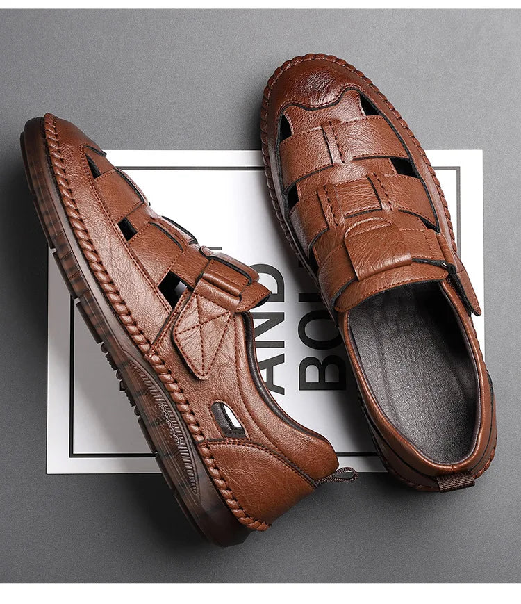 Leather Sandals Baotou 2025 Summer New Genuine Leather Breathable Hollow Porous Shoes Men's Tendon Soft Bottom Middle-Aged Dad S