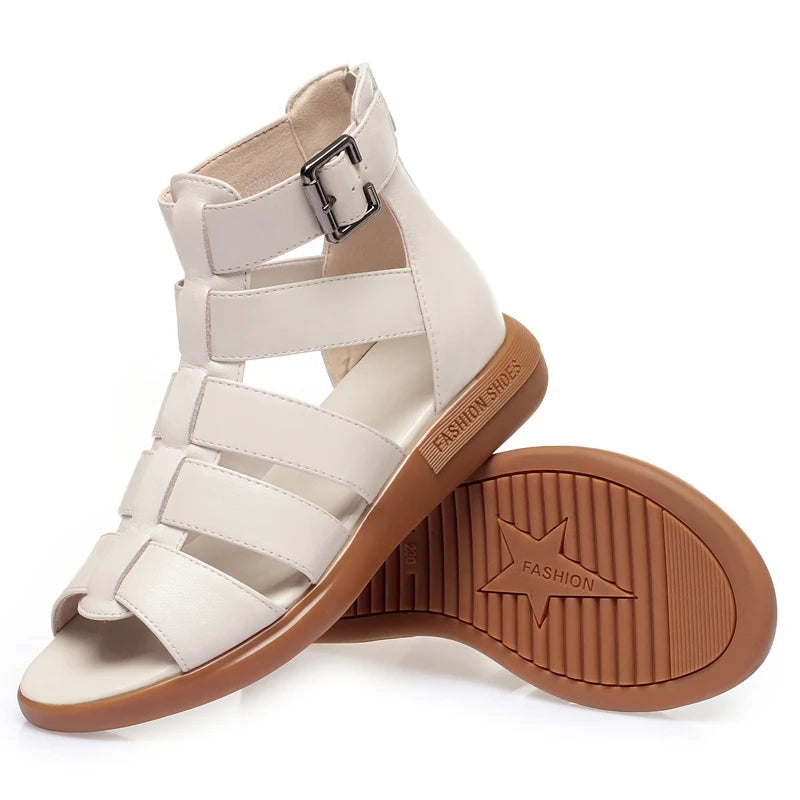 2024 New Women's Tennis Boots Flat Bottom Low Heel Hollow Cool Boots Summer Open Toe Genuine Leather Sandals Flat Shoes