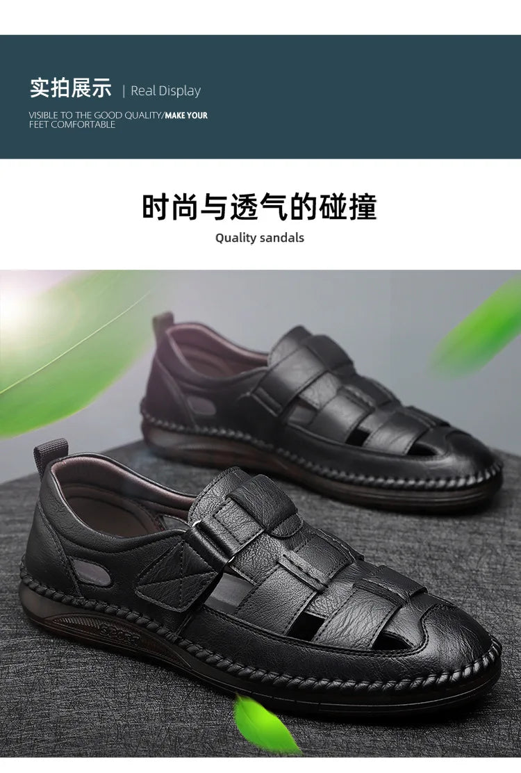Leather Sandals Baotou 2025 Summer New Genuine Leather Breathable Hollow Porous Shoes Men's Tendon Soft Bottom Middle-Aged Dad S