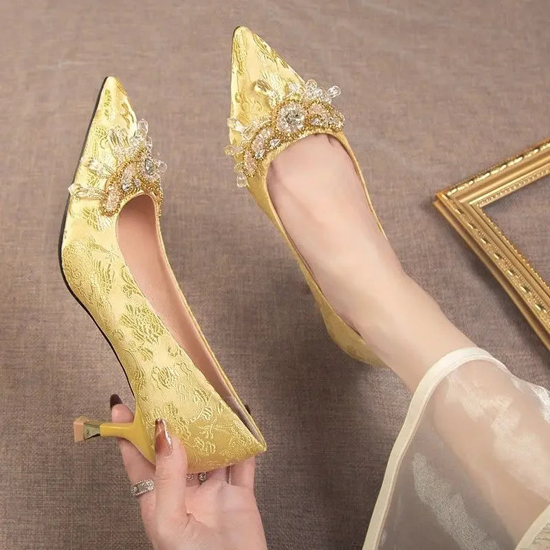 Pointed Toe with Crystals Rhinestone Wedding Bride Shoe Formal Woman Pumps Shoes for Women Diamond Medium Heels Casual Vacation