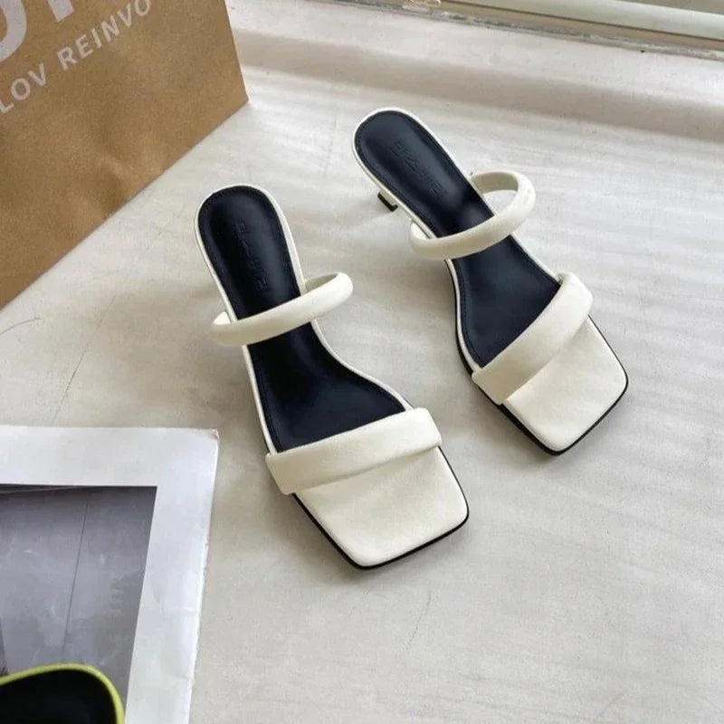 Open Toe High Heeled Sandals Women's 2023 Summer New Square Head Thick Heel Mid-heel Slippers