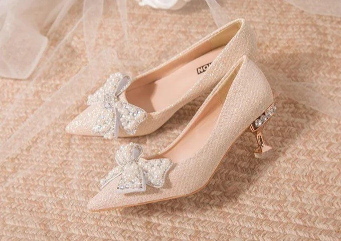 Pumps with Bow on Heeled Wedding Bride Shoe High Heels Shoes for Women Pointed Toe Woman PumpsLoafers Stilito Beau Today Lastest