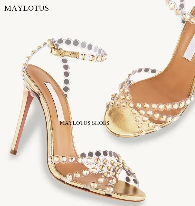 Snc Nude Peep Toe Crystal PVC Sandals Ankle Buckle Strap Thin High Heels Sandals Woman Summer Lady Stilettos Shoes on Heels