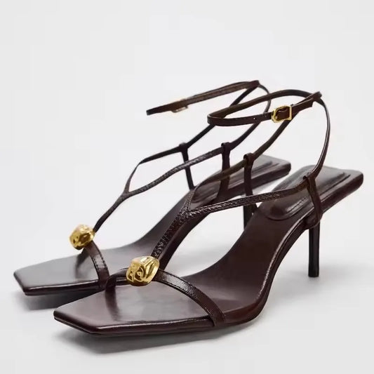 Summer Fashion Metal Buckle Narrow Band Sandals Women Band Open Toe Thin Low Heel Gladiator Party Shoes Zapatos De Mujer