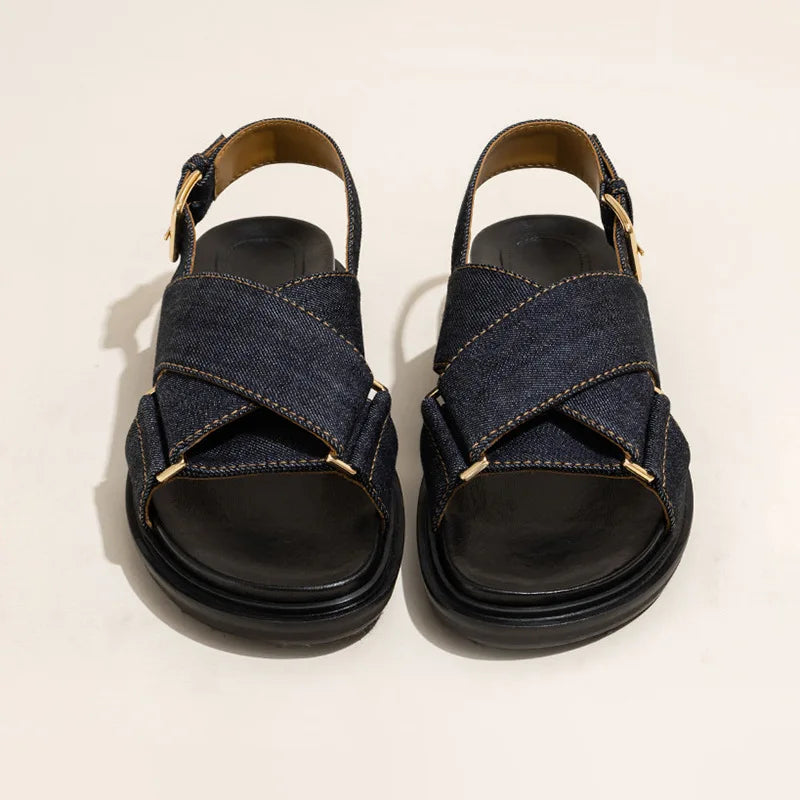 Low Sandals Woman Leather Low-heeled Rome Fabric Slides Rubber Hoof Heels Low Sandals Woman Leather Low-heeled Fabric Rubber Sli