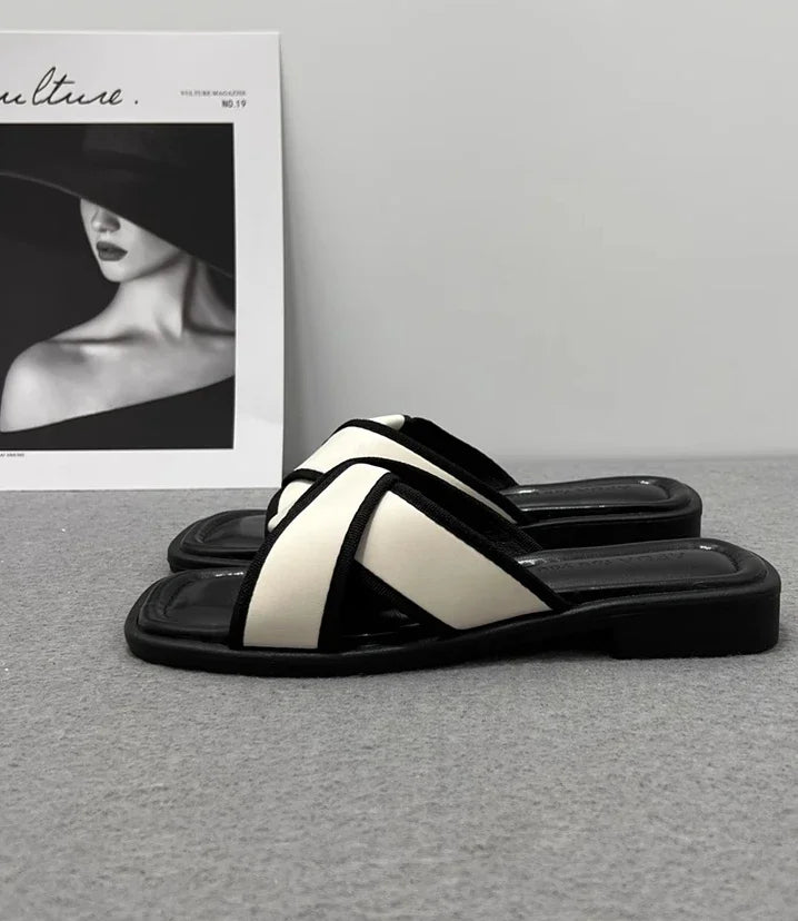 Women's Slippers and Ladies Sandals Open Toe Low Heel Outside on Beach House Black Indoor Home Slides Shoes Off White Word Flat