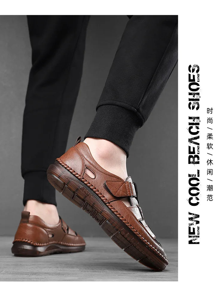 Leather Sandals Baotou 2025 Summer New Genuine Leather Breathable Hollow Porous Shoes Men's Tendon Soft Bottom Middle-Aged Dad S