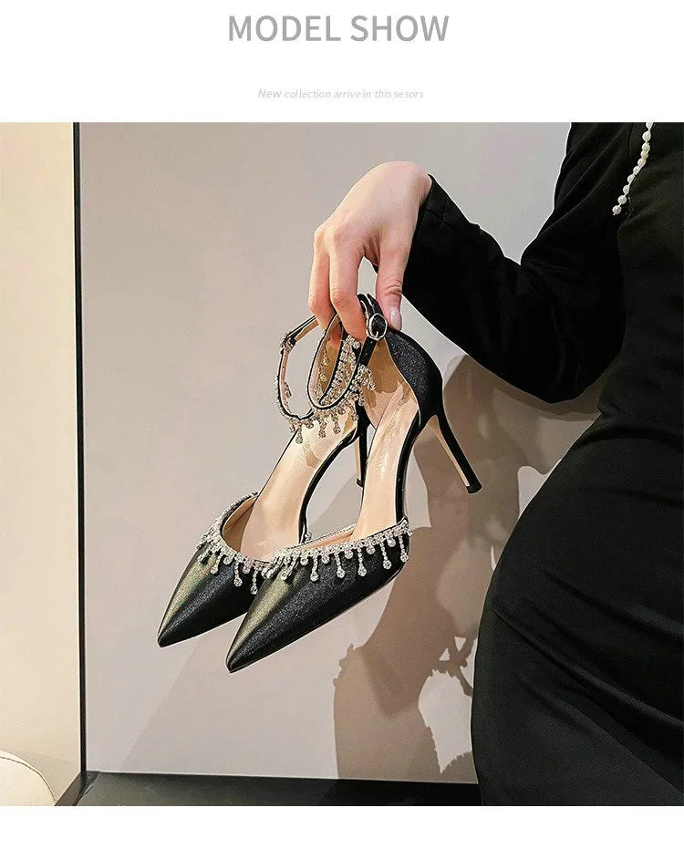 Comemore 2025 White Wedding Bridesmaid Shoes Satin Fashion Rhinestone Fringe Chain High Heels Black Temperament Elegance Pumps