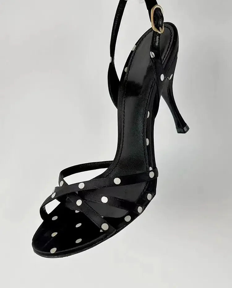 2025 new Polka dot black and white with a group of high heels with sandals women's high heels go out light sexy women's shoes