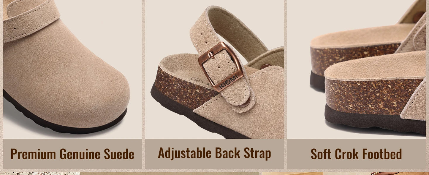 Crestar Women's Suede Clogs with Adjustable Strap Fashion Cork Footbed Genuine Leather Mules Outdoof New Slip on Potato Shoes