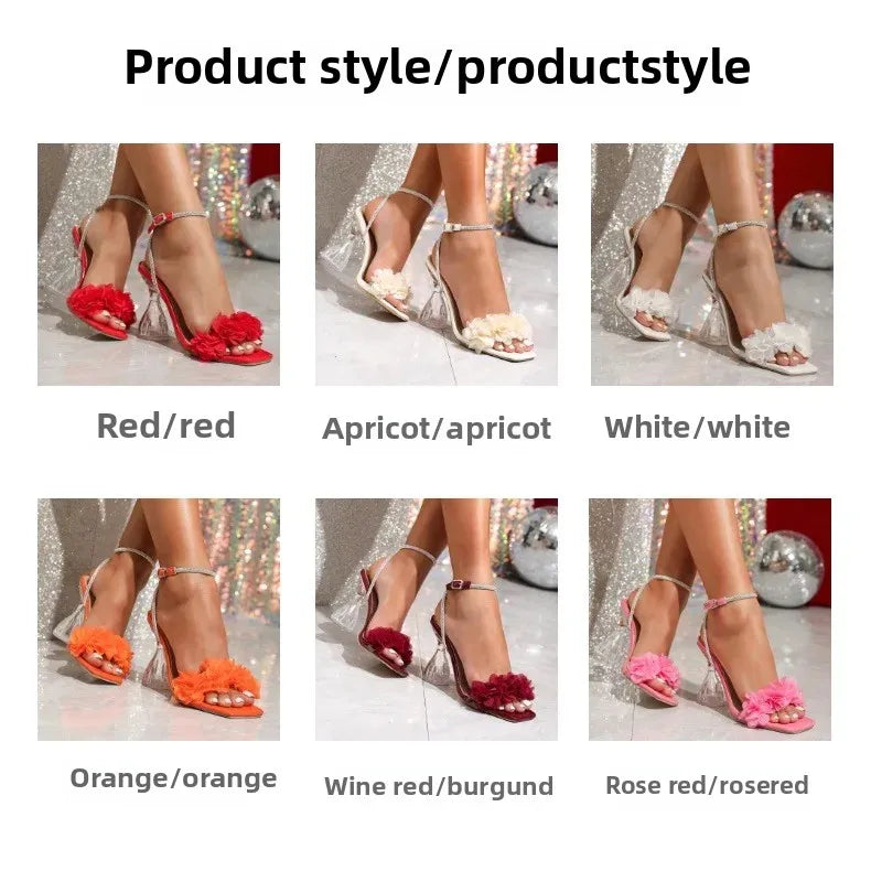Summer 2025 Women's Fairy Tale Toe-Open Crystal Rhinestone High Heel Sandals Rubber Sole Square Toe Bridal Shoes