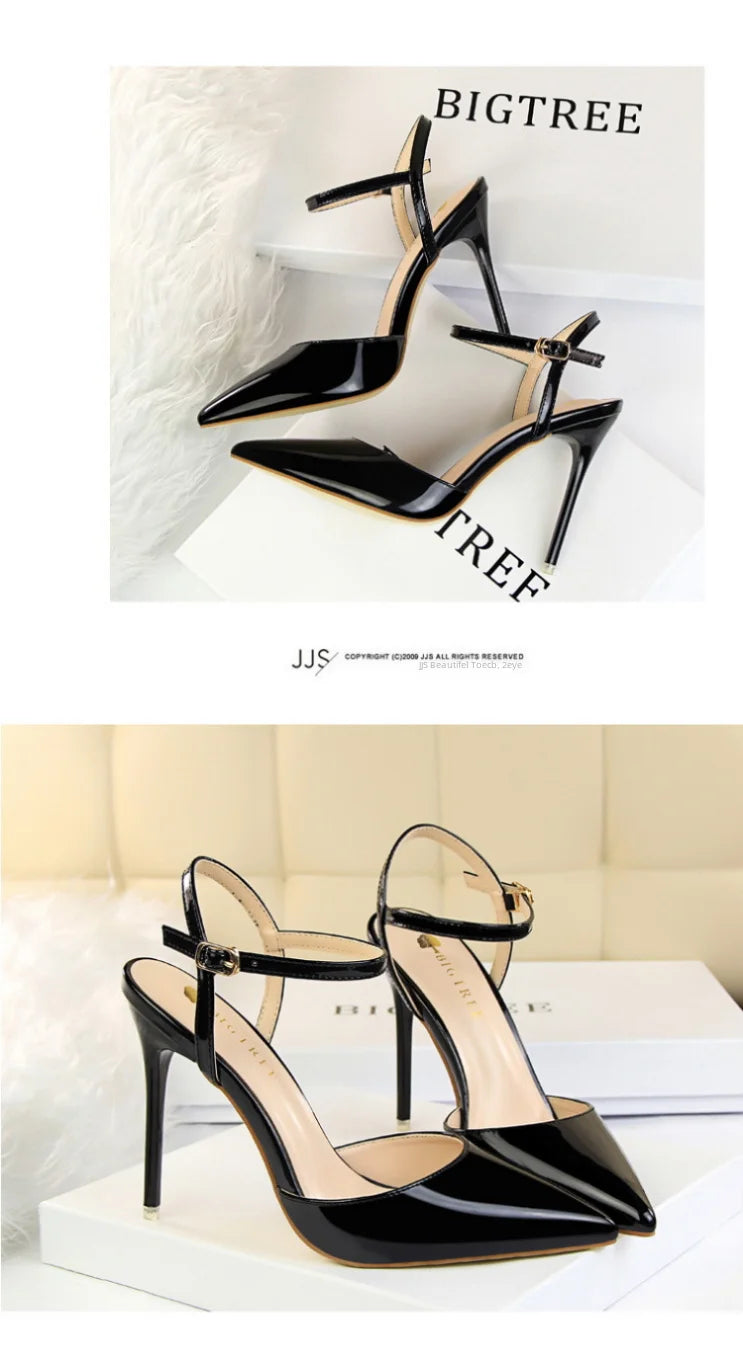 86-1 Style Simple Slim Ultra High Heel Shallow Painted Leather Sexy Nightclub Slimming One-word Strap Women Cool Shoes