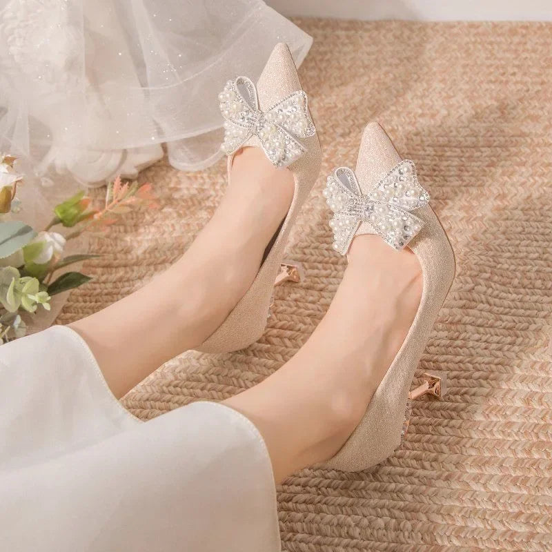 Pumps with Bow on Heeled Wedding Bride Shoe High Heels Shoes for Women Pointed Toe Woman PumpsLoafers Stilito Beau Today Lastest