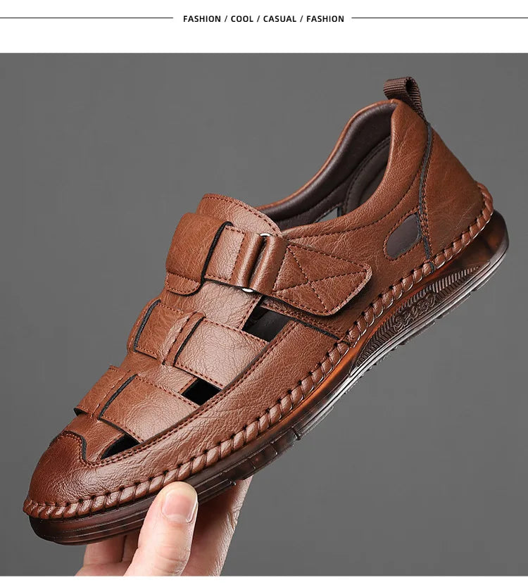 Leather Sandals Baotou 2025 Summer New Genuine Leather Breathable Hollow Porous Shoes Men's Tendon Soft Bottom Middle-Aged Dad S