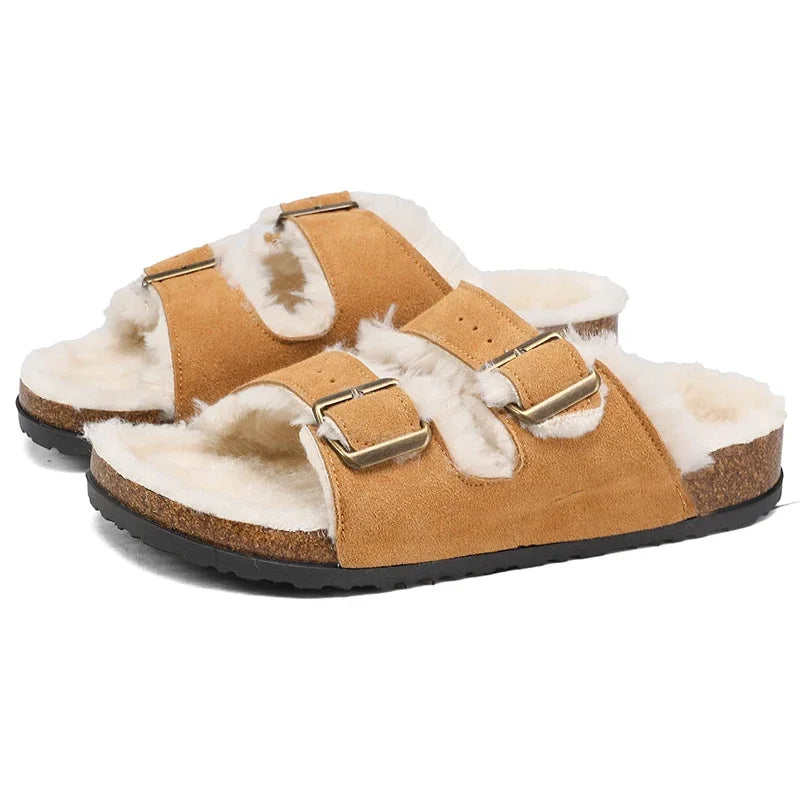 Men Women Plush Fur Slippers with Double Buckle Cork Sandals Winter Supper Warm Home Shoes Barefoot Comfort Footbed Sales