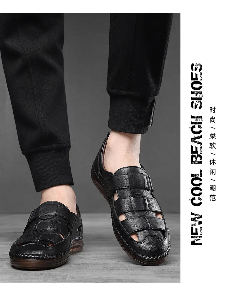 Leather Sandals Baotou 2025 Summer New Genuine Leather Breathable Hollow Porous Shoes Men's Tendon Soft Bottom Middle-Aged Dad S