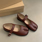 SUOJIALUN Autumn Women Flat Shoes Fashion Split Toe Flat Heel Laofer Shoes Shallow Soft Leather Casual Outdoor Mary Jane Shoes