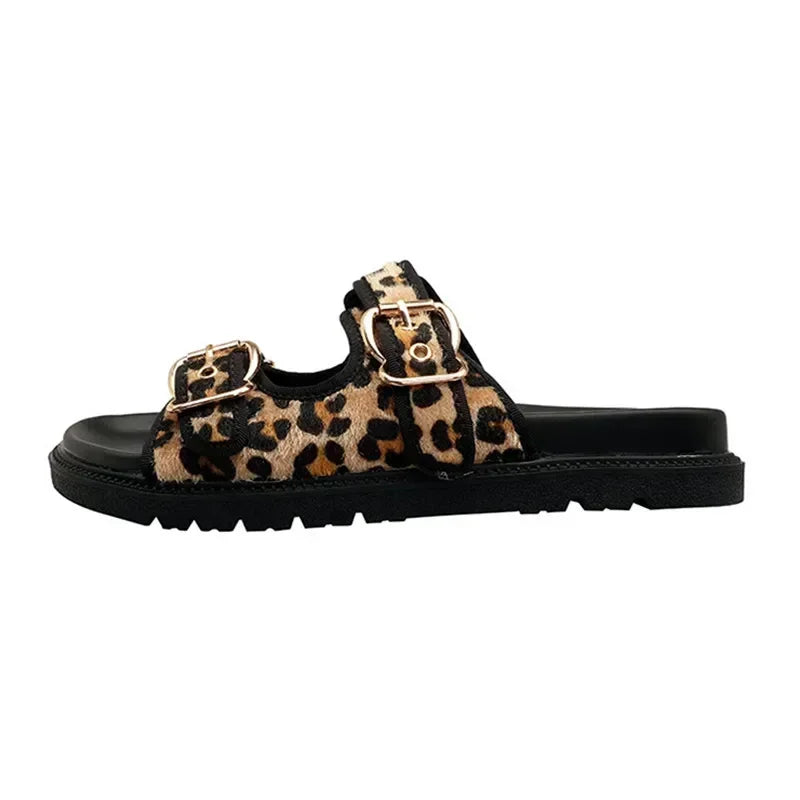 High Quality Leopard Metal Buckle Design Women Slippers Sexy Comfort Non Slip Slide Sandals Summer Size 43 Platform Flip Flops