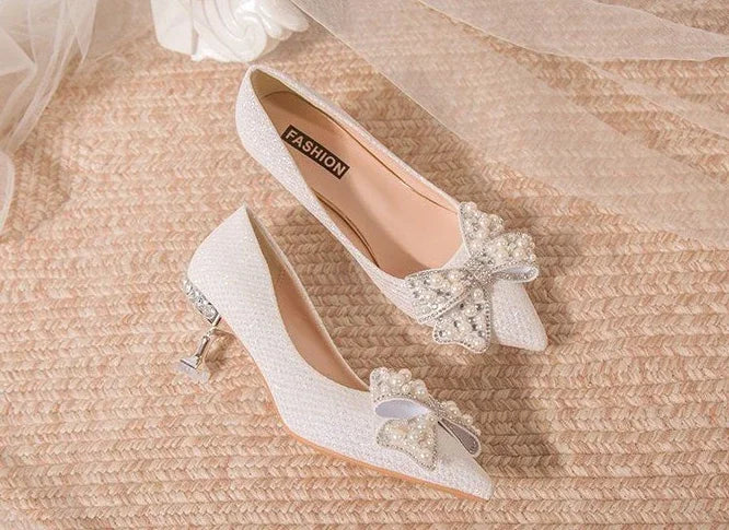Pumps with Bow on Heeled Wedding Bride Shoe High Heels Shoes for Women Pointed Toe Woman PumpsLoafers Stilito Beau Today Lastest