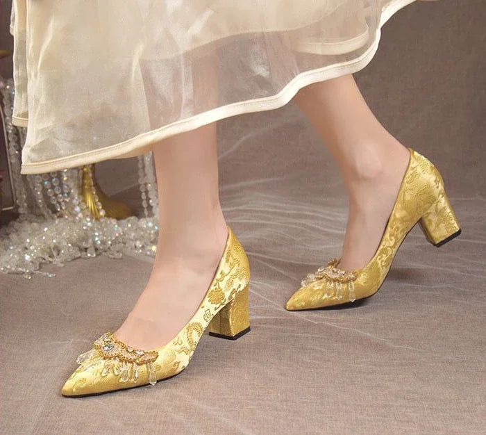 Pointed Toe with Crystals Rhinestone Wedding Bride Shoe Formal Woman Pumps Shoes for Women Diamond Medium Heels Casual Vacation
