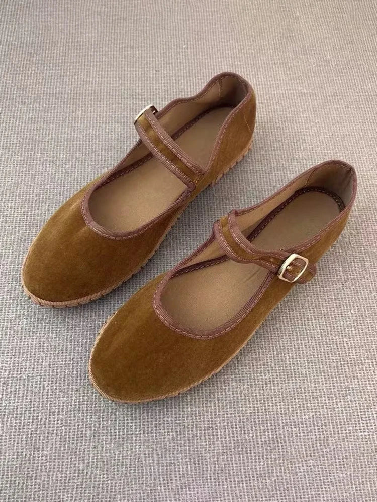 Velvet Mary Jane Shoes for Women Hand Stitch Casual Streetwear Ballet Flats Pumps Female Solid Color Red Cloth Shoes Loafers