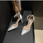 Comemore 2025 White Wedding Bridesmaid Shoes Satin Fashion Rhinestone Fringe Chain High Heels Black Temperament Elegance Pumps