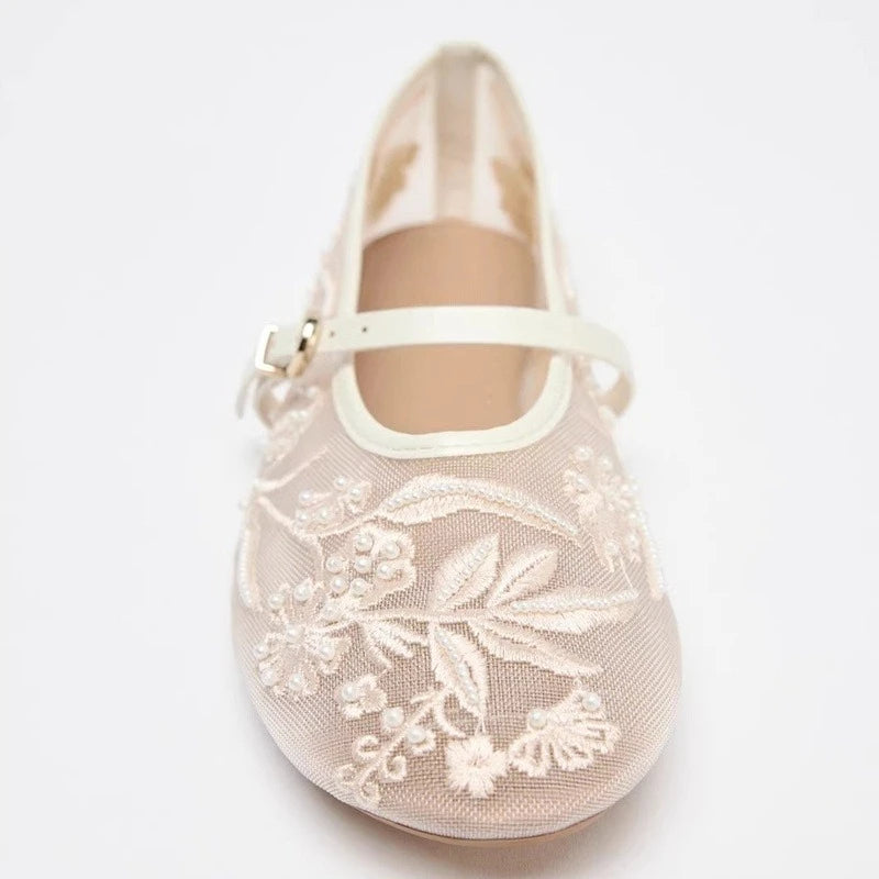 Embroidery Pearl Mesh Ballet Flats Women Fashion Hollow Round Toe Flat Sandals Elegant Comfortable Belt Buckle Mary Jane Shoes