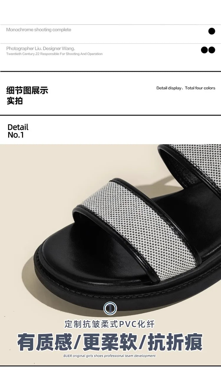 Low Sandals Woman Leather Low-heeled Rome Fabric Slides Rubber Hoof Heels Low Sandals Woman Leather Low-heeled Fabric Rubber Sli