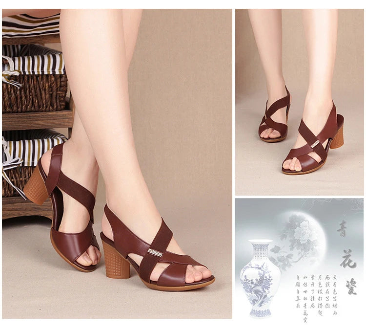 Women Summer Sandals Platform Round Mid Heel Back Strap Peep Toe Pu Leather Beach Casual Fashion Shoes Ladies Female 2023