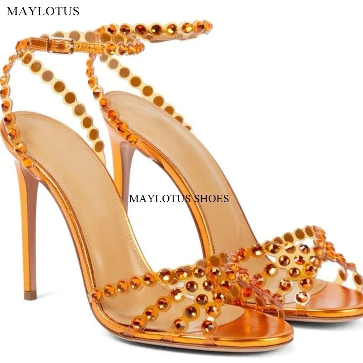 Snc Nude Peep Toe Crystal PVC Sandals Ankle Buckle Strap Thin High Heels Sandals Woman Summer Lady Stilettos Shoes on Heels