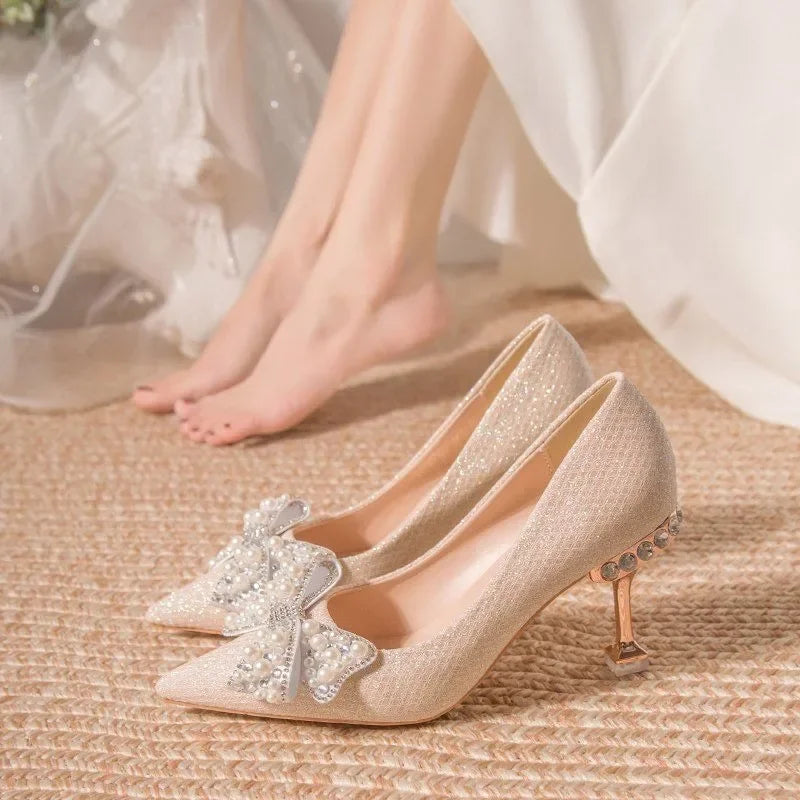 Pumps with Bow on Heeled Wedding Bride Shoe High Heels Shoes for Women Pointed Toe Woman PumpsLoafers Stilito Beau Today Lastest