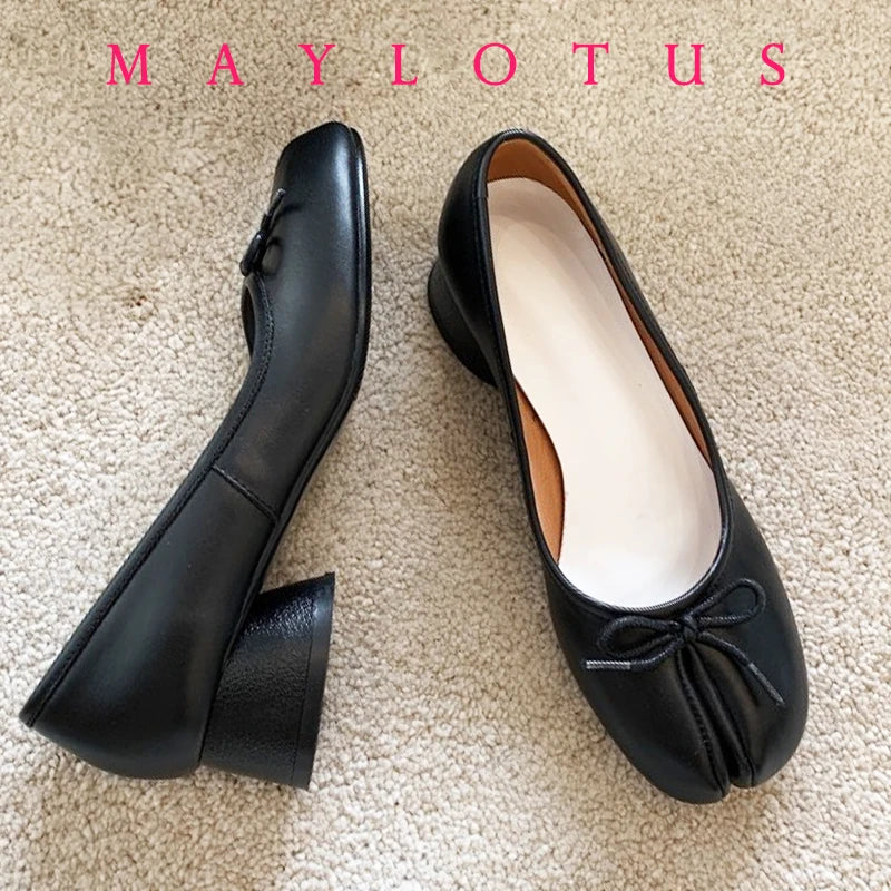 Split Toe 3cm Heel Tabi  Shoes Slip On Leather Comfy Shoes Soft Bottom solid Ladies Moccasins with Bowknot