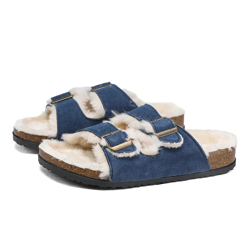 Men Women Plush Fur Slippers with Double Buckle Cork Sandals Winter Supper Warm Home Shoes Barefoot Comfort Footbed Sales