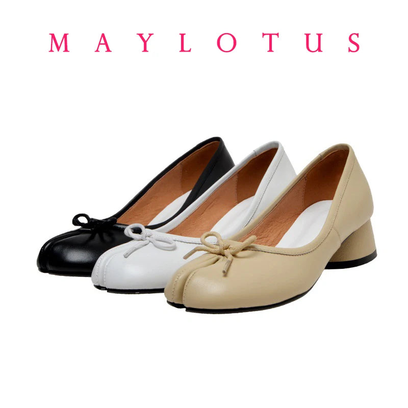 Split Toe 3cm Heel Tabi  Shoes Slip On Leather Comfy Shoes Soft Bottom solid Ladies Moccasins with Bowknot