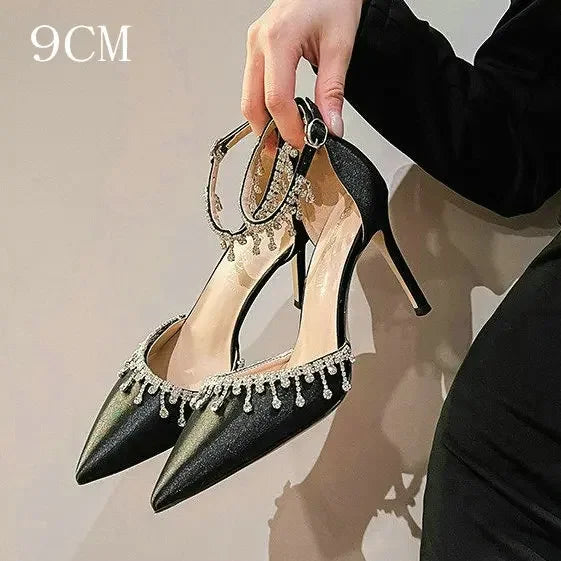 Comemore 2025 White Wedding Bridesmaid Shoes Satin Fashion Rhinestone Fringe Chain High Heels Black Temperament Elegance Pumps
