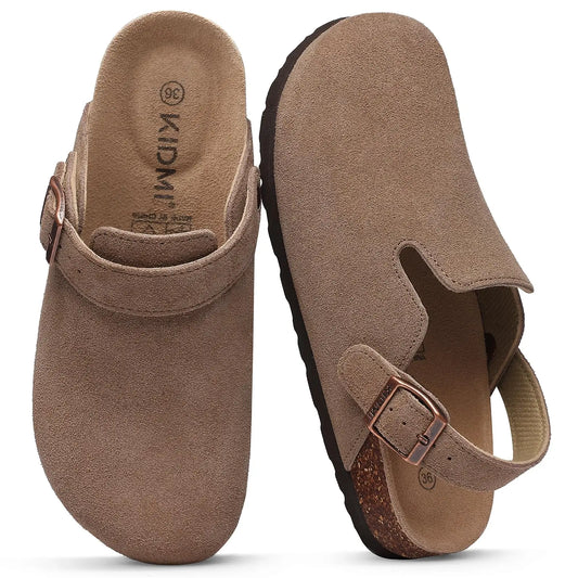 Crestar Women's Suede Clogs with Adjustable Strap Fashion Cork Footbed Genuine Leather Mules Outdoof New Slip on Potato Shoes