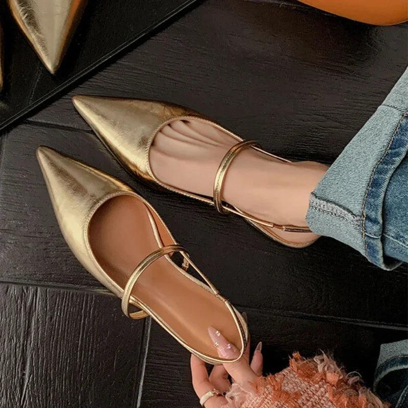 New Women Baotou Patent Leather One Line Buckle Strap Cat Heel Sandals Female Sexy Black Silk Pointed Thin Heel Flat Shoes