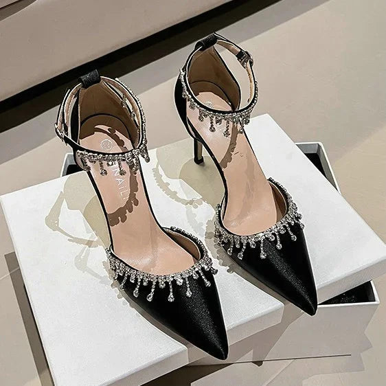Comemore 2025 White Wedding Bridesmaid Shoes Satin Fashion Rhinestone Fringe Chain High Heels Black Temperament Elegance Pumps
