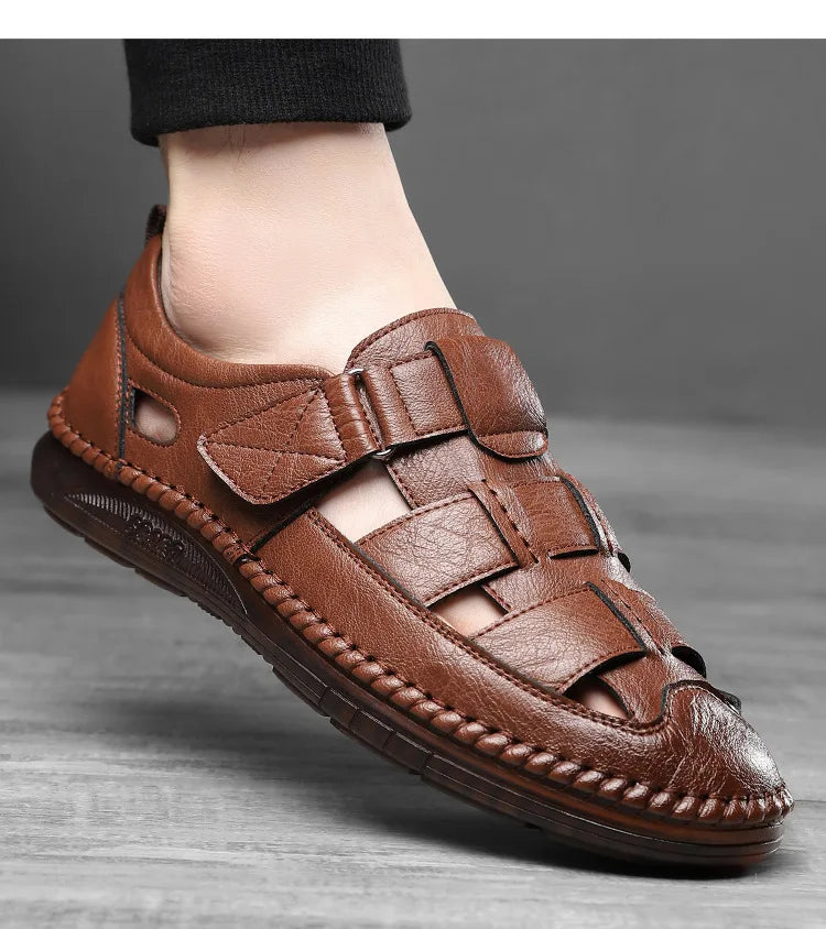 Leather Sandals Baotou 2025 Summer New Genuine Leather Breathable Hollow Porous Shoes Men's Tendon Soft Bottom Middle-Aged Dad S