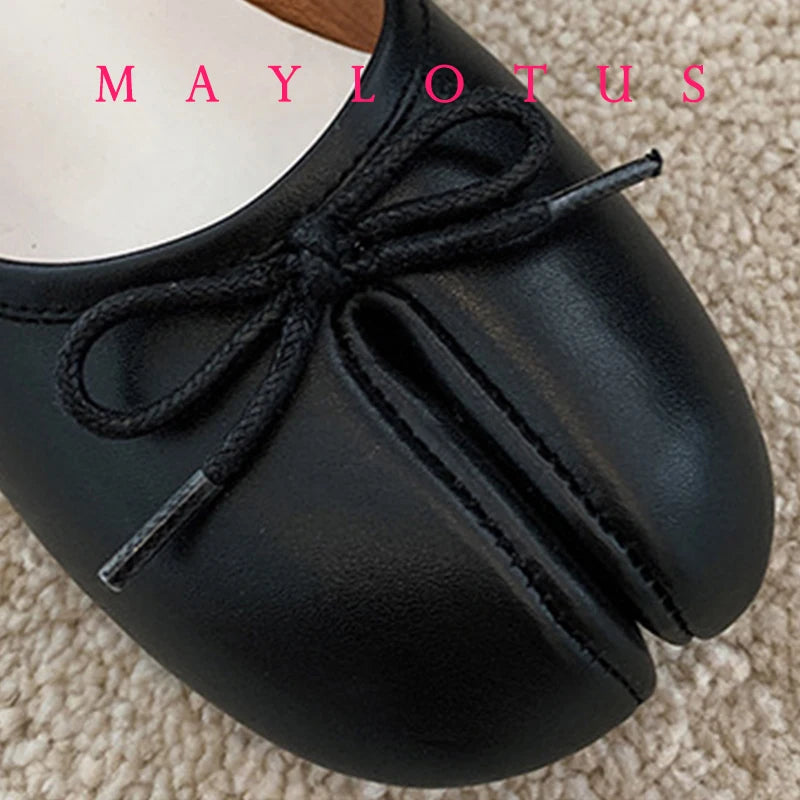 Split Toe 3cm Heel Tabi  Shoes Slip On Leather Comfy Shoes Soft Bottom solid Ladies Moccasins with Bowknot