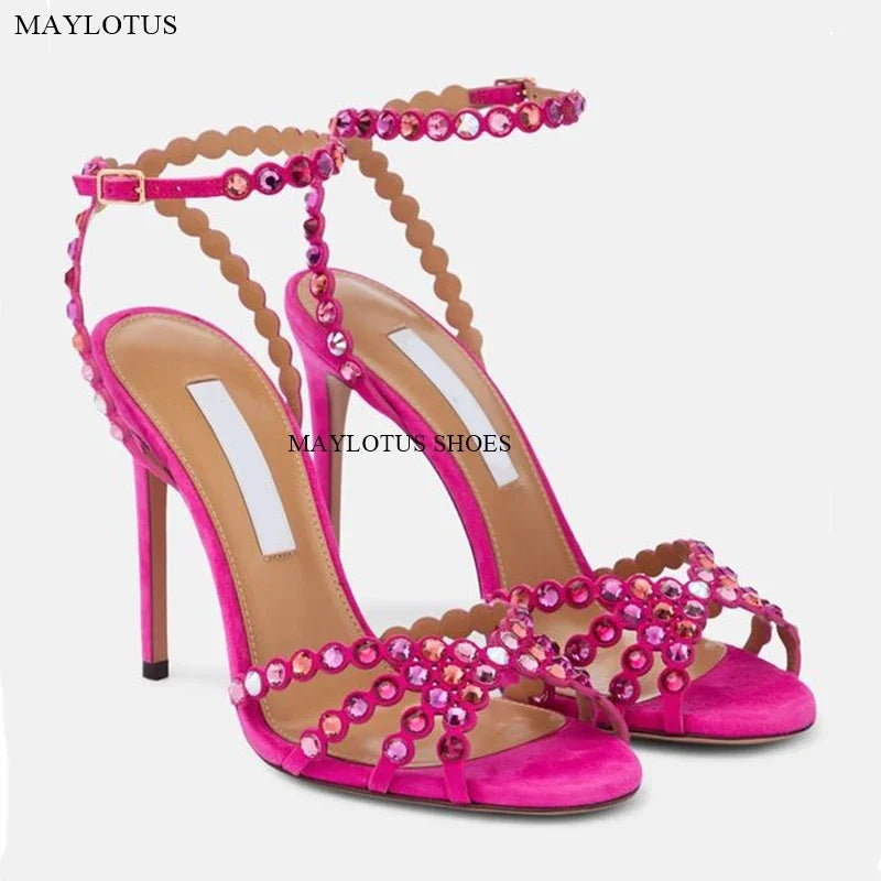 Snc Nude Peep Toe Crystal PVC Sandals Ankle Buckle Strap Thin High Heels Sandals Woman Summer Lady Stilettos Shoes on Heels