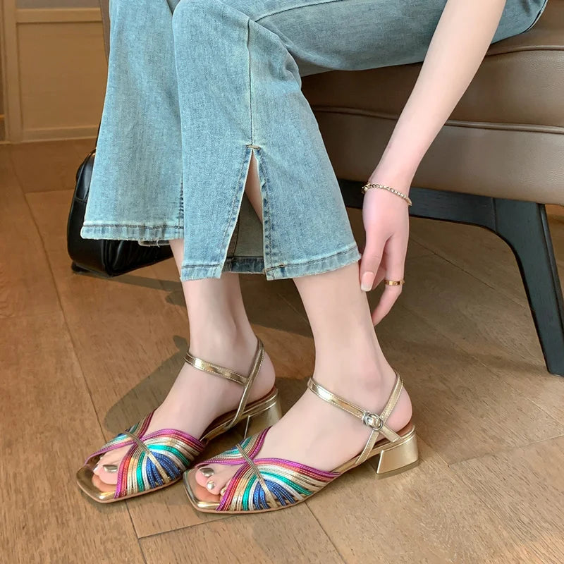 FEDONAS Summer Mixed Colors Women Sandals Ankle Strap Elegant Shoes Woman Genuine Leather Thick Heels Fashion Party Office Lady