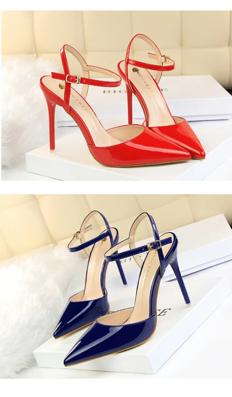 86-1 Style Simple Slim Ultra High Heel Shallow Painted Leather Sexy Nightclub Slimming One-word Strap Women Cool Shoes